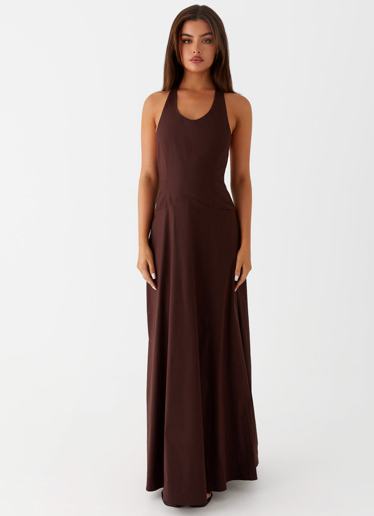 Womens Vestige Maxi Dress in the colour Chocolate in front of a light grey background