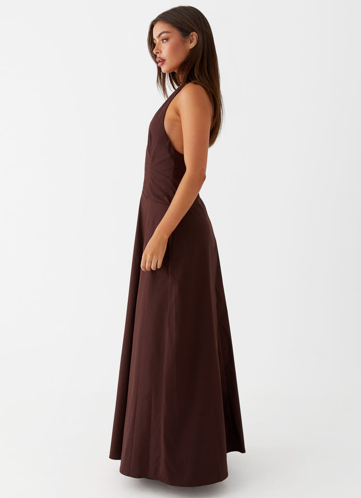 Womens Vestige Maxi Dress in the colour Chocolate in front of a light grey background