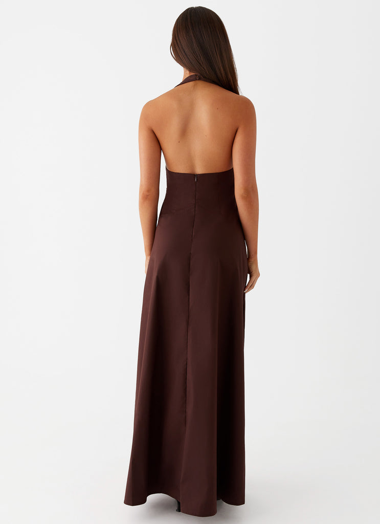 Womens Vestige Maxi Dress in the colour Chocolate in front of a light grey background