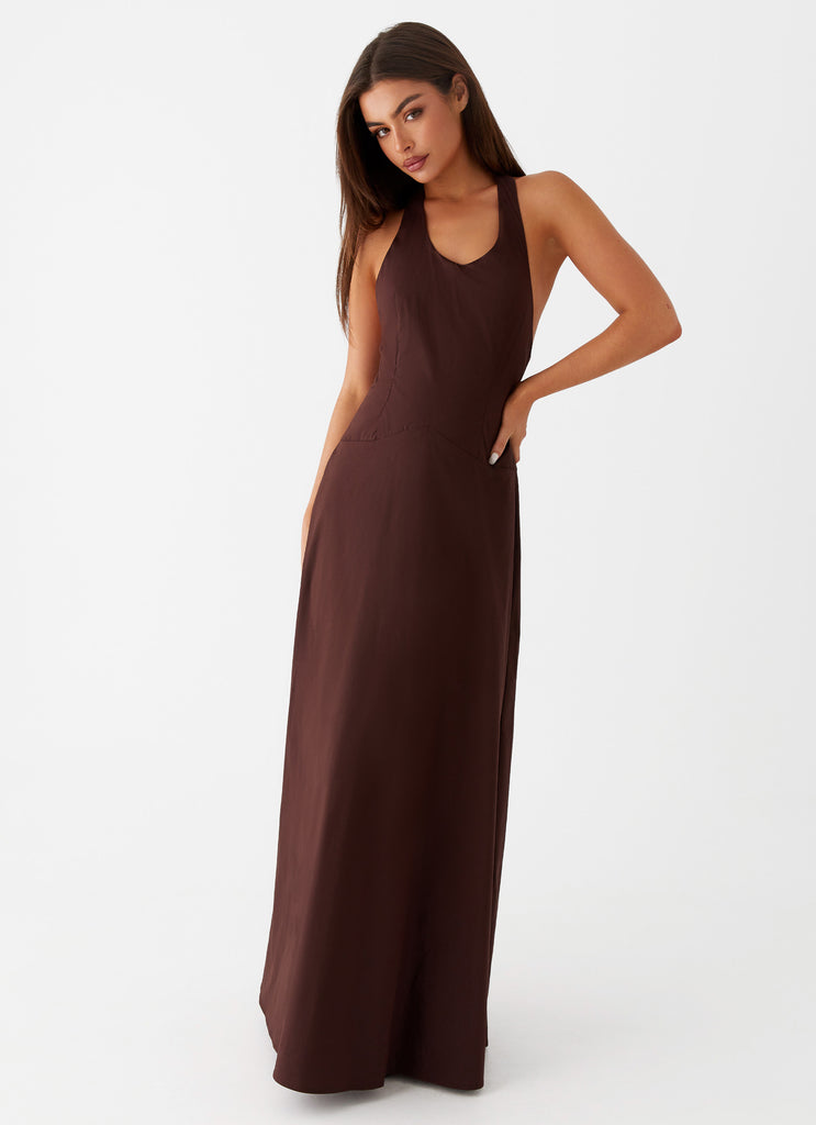 Womens Vestige Maxi Dress in the colour Chocolate in front of a light grey background