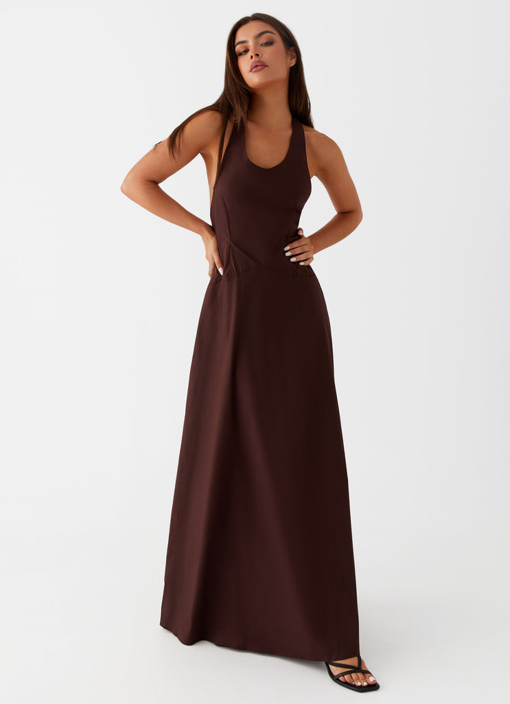 Womens Vestige Maxi Dress in the colour Chocolate in front of a light grey background