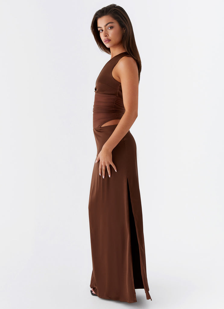 Womens Juliette Maxi Dress in the colour Chocolate in front of a light grey background