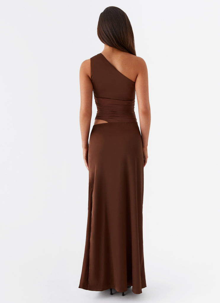 Womens Juliette Maxi Dress in the colour Chocolate in front of a light grey background