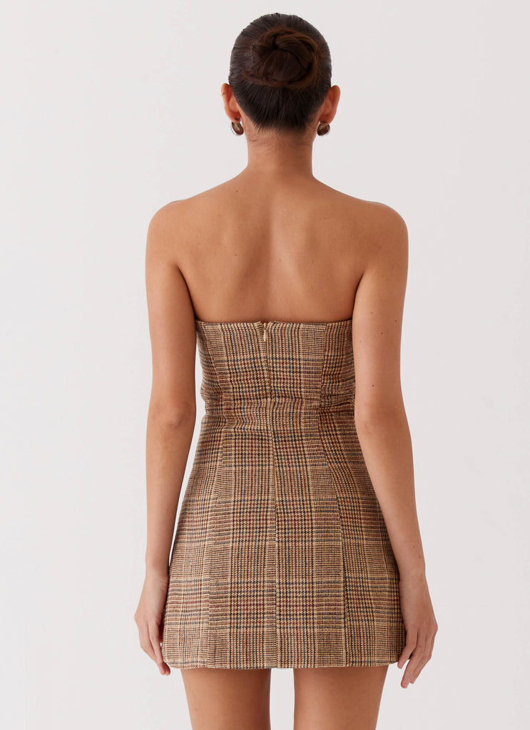 Vivenda Strapless Mini Dress - Brown Plaid Peppermayo US Vivenda Strapless Mini Dress - Brown Plaid Peppermayo US