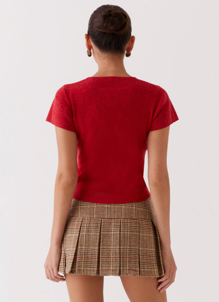 Womens Raina Knit Crop Top in the colour Ruby Red in front of a light grey background