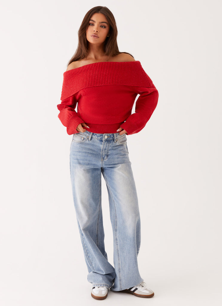 Womens Bardot Knit Long Sleeve Top in the colour Cherry in front of a light grey background