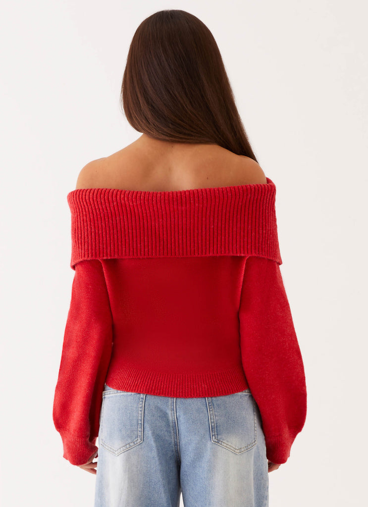 Womens Bardot Knit Long Sleeve Top in the colour Cherry in front of a light grey background