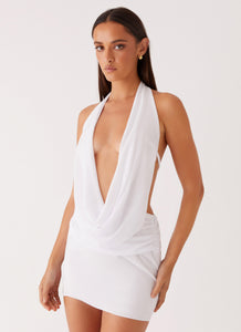 Womens Elysia Chiffon Mini Dress in the colour White in front of a light grey background