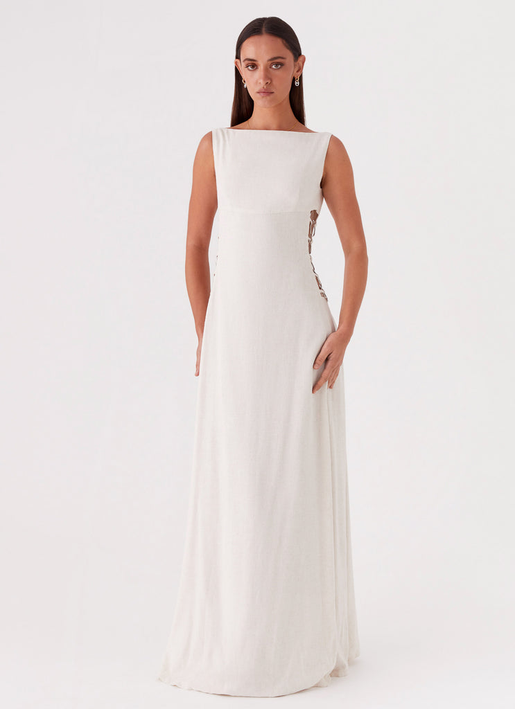 Womens Catherine Linen Maxi Dress in the colour Oatmeal in front of a light grey background