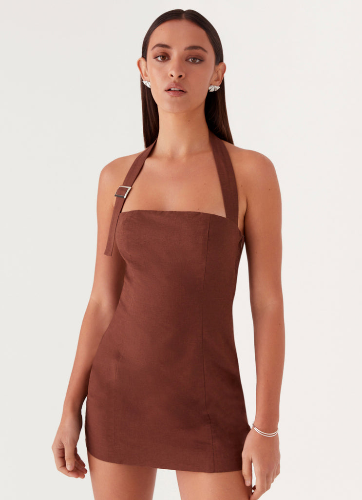 Womens Julianna Linen Mini Dress in the colour Chocolate in front of a light grey background