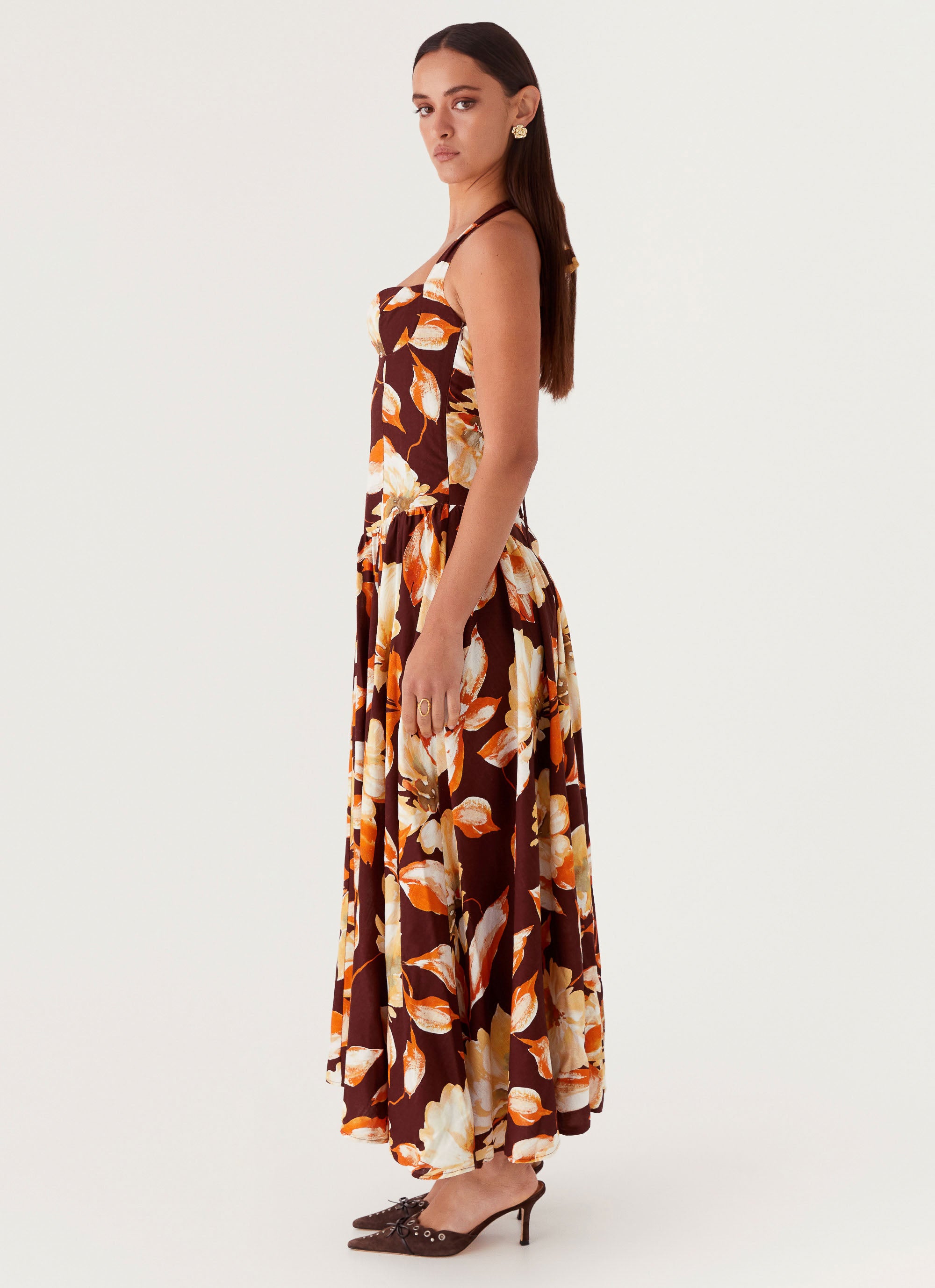 Dahlia Linen Maxi Dress - Brown Floral Peppermayo US Dahlia Linen Maxi Dress - Brown Floral Peppermayo US