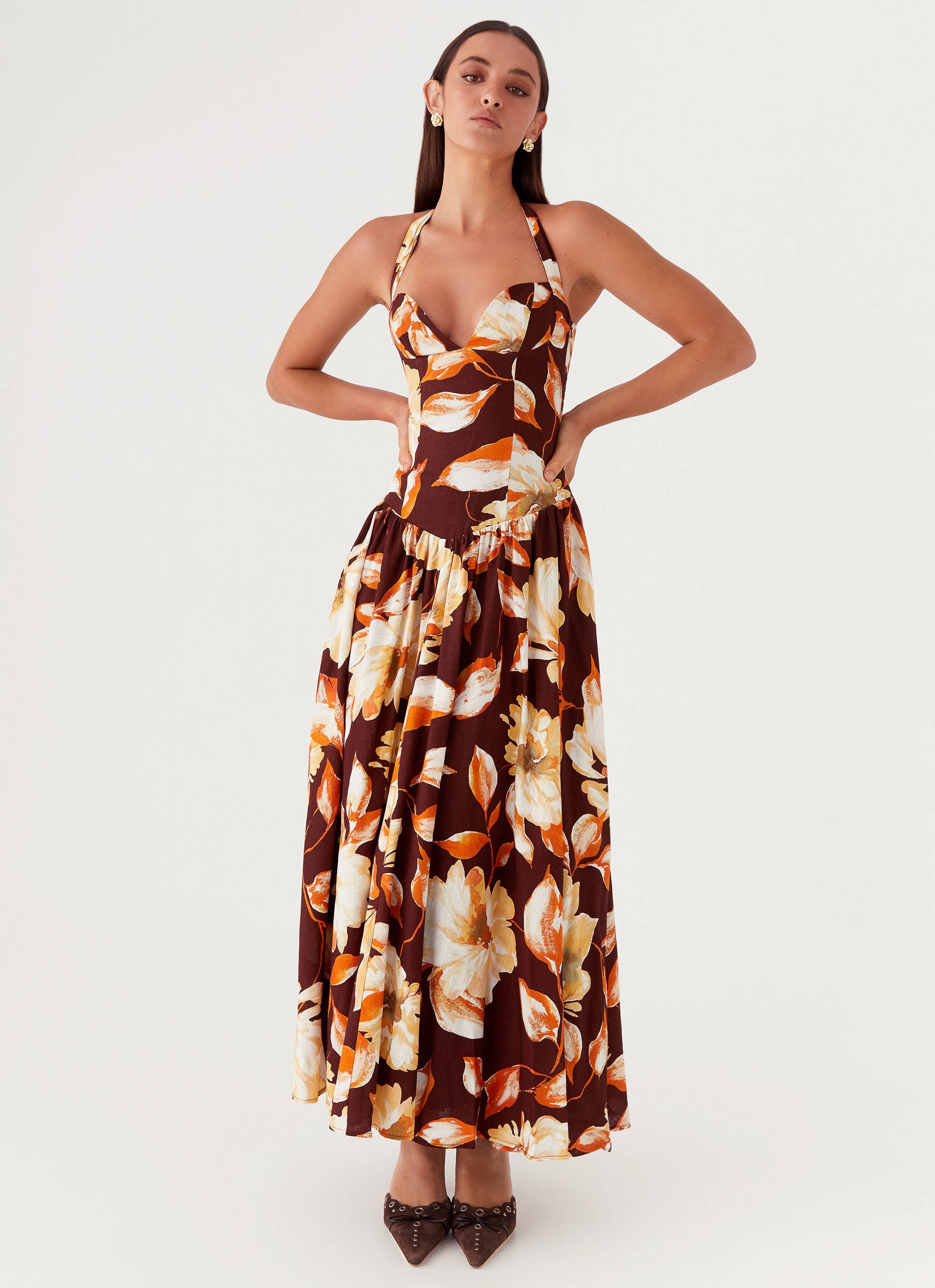 Dahlia Linen Maxi Dress - Brown Floral Peppermayo US Dahlia Linen Maxi Dress - Brown Floral Peppermayo US