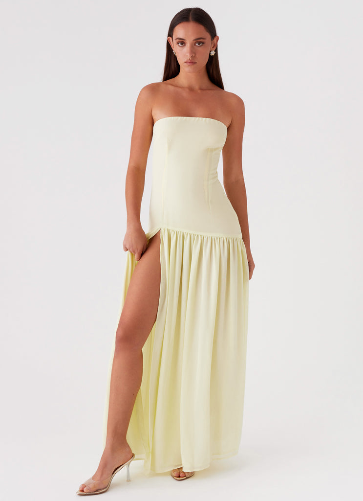 Womens Eden Strapless Maxi Dress in the colour Yellow in front of a light grey background