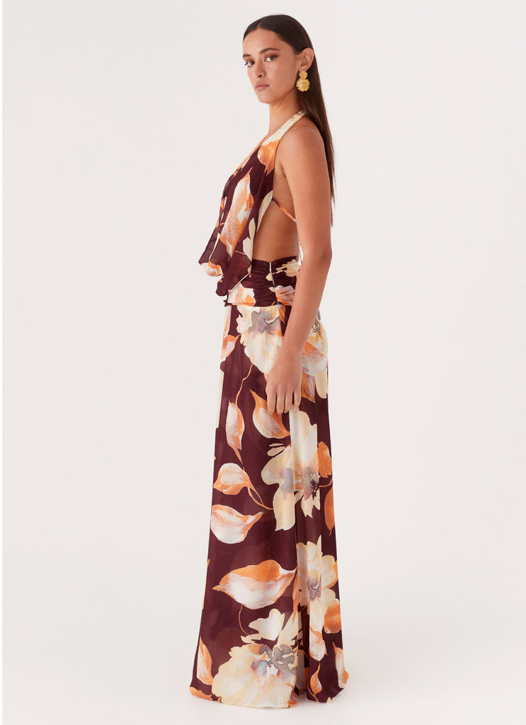 Elysia Chiffon Maxi Dress - Brown Floral Peppermayo US Elysia Chiffon Maxi Dress - Brown Floral Peppermayo US