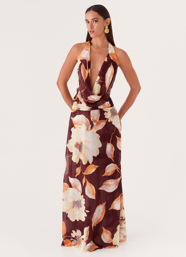 Elysia Chiffon Maxi Dress - Brown Floral Peppermayo US Elysia Chiffon Maxi Dress - Brown Floral Peppermayo US