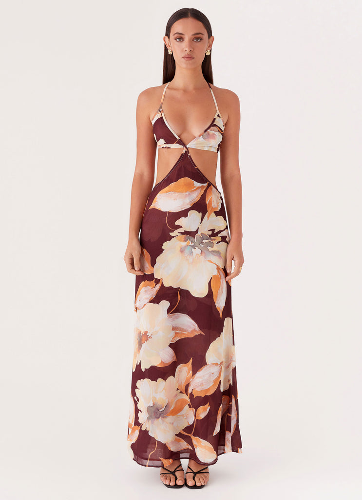 Womens Primrose Daydream Maxi Dress in the colour Brown Floral in front of a light grey background