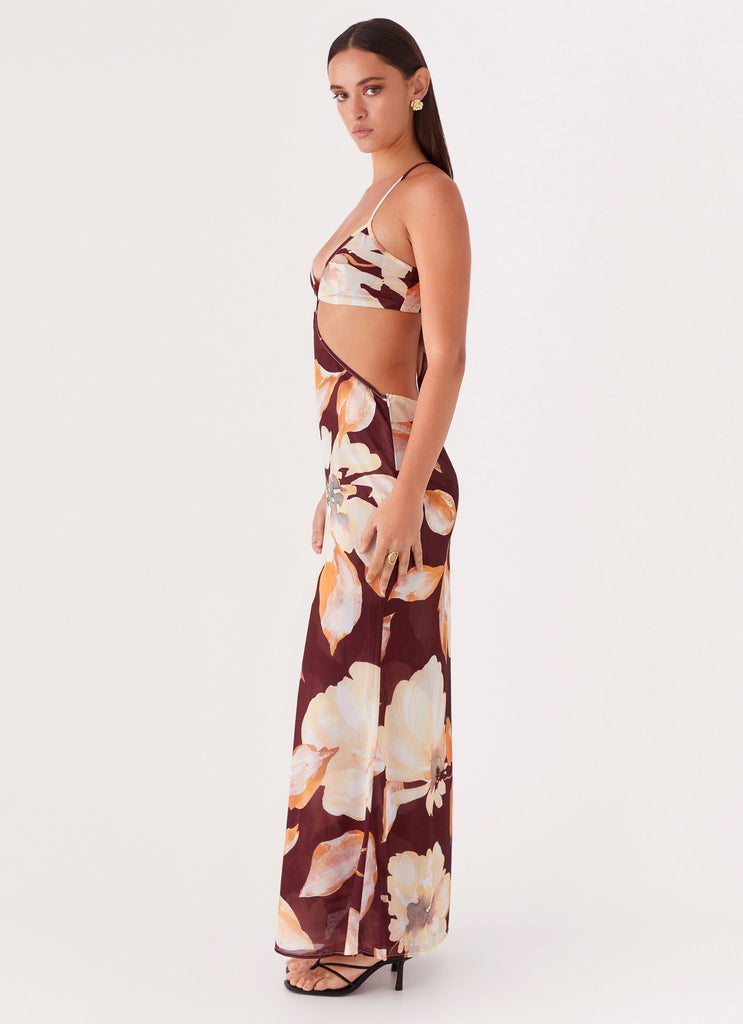 Womens Primrose Daydream Maxi Dress in the colour Brown Floral in front of a light grey background