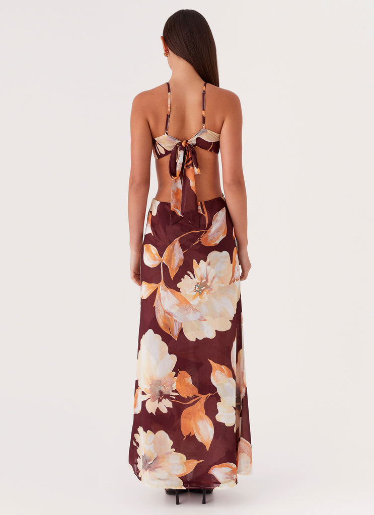 Womens Primrose Daydream Maxi Dress in the colour Brown Floral in front of a light grey background