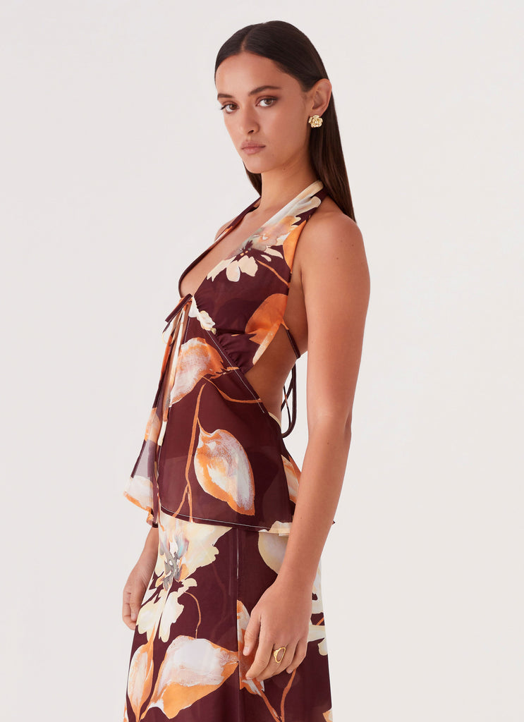 Womens Camellia Halterneck Top in the colour Brown Floral in front of a light grey background