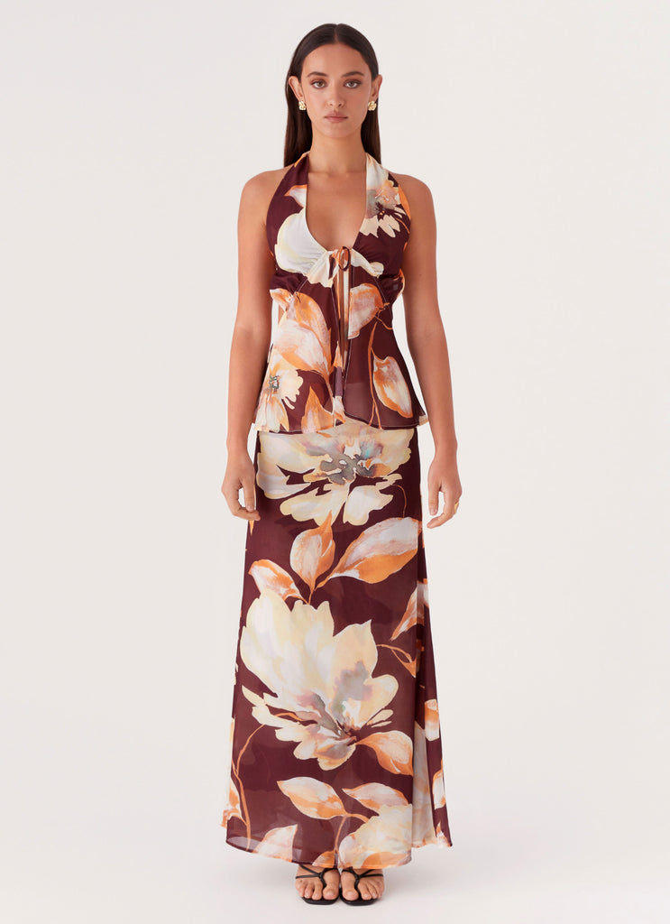 Womens Camellia Maxi Skirt in the colour Brown Floral in front of a light grey background