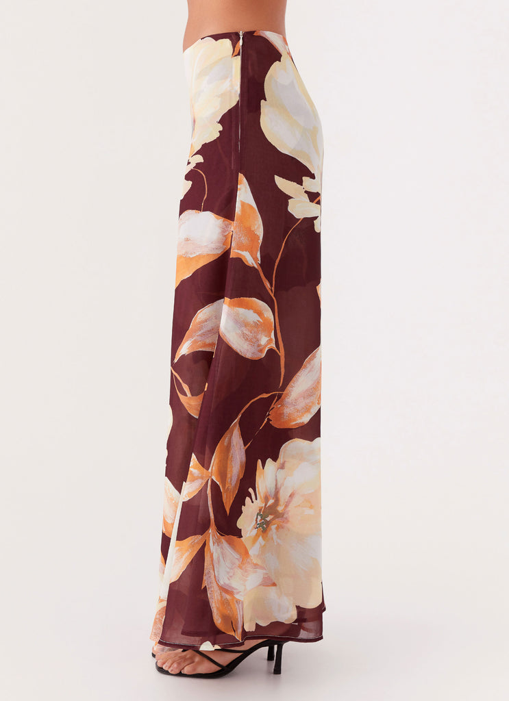 Womens Camellia Maxi Skirt in the colour Brown Floral in front of a light grey background