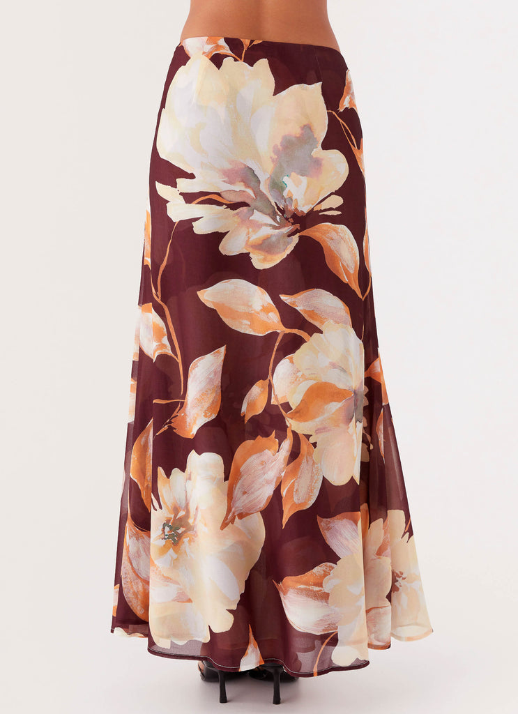 Womens Camellia Maxi Skirt in the colour Brown Floral in front of a light grey background