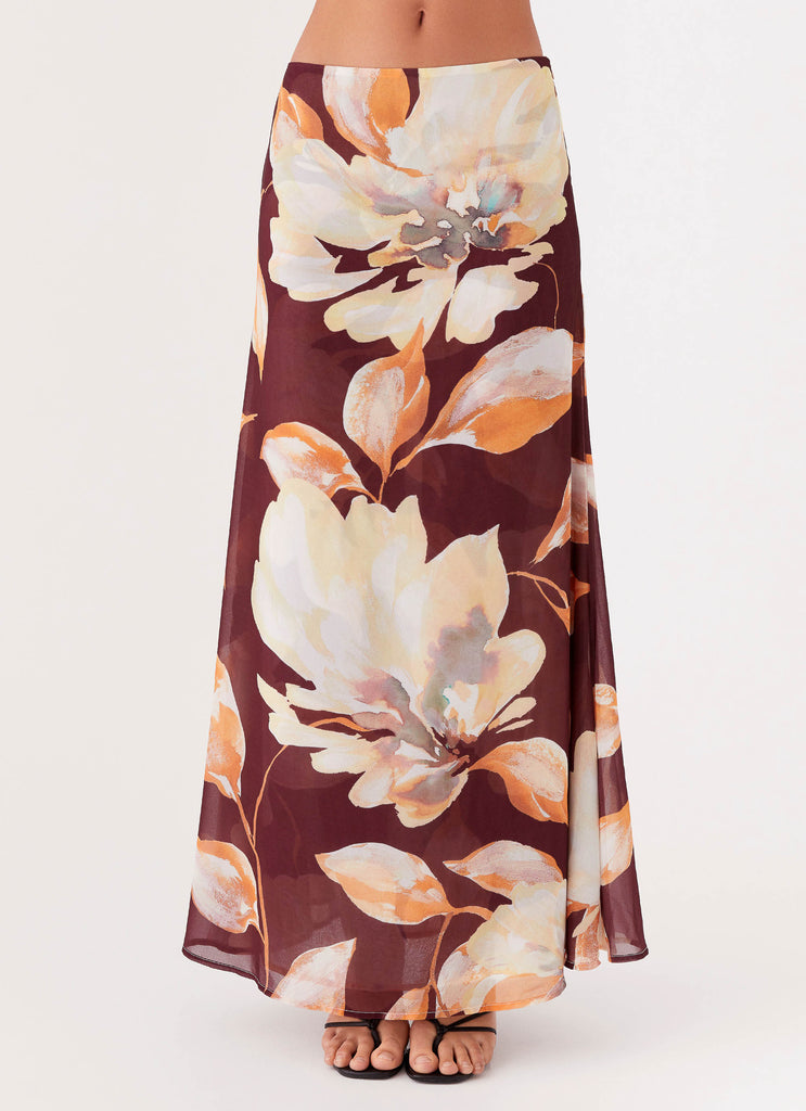 Womens Camellia Maxi Skirt in the colour Brown Floral in front of a light grey background