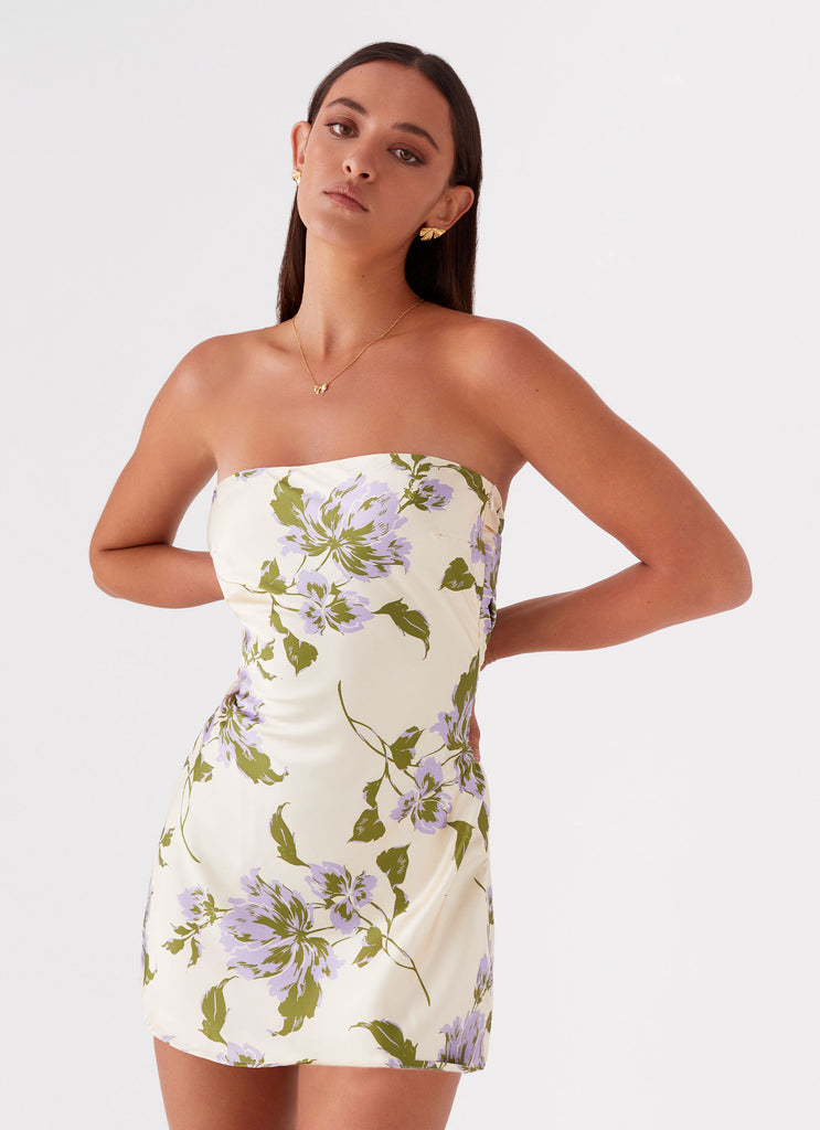 Jamie Satin Mini Dress - Yellow Purple Floral Peppermayo US Jamie Satin Mini Dress - Yellow Purple Floral Peppermayo US