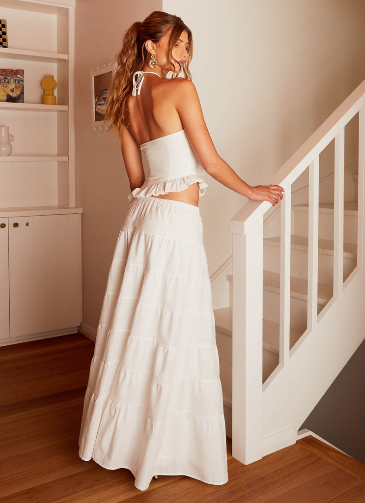 Womens Mariella Linen Maxi Skirt in the colour White in front of a light grey background