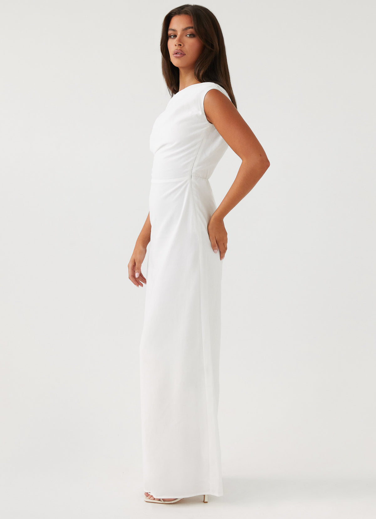 Womens Lady Love Linen Maxi Dress in the colour White in front of a light grey background