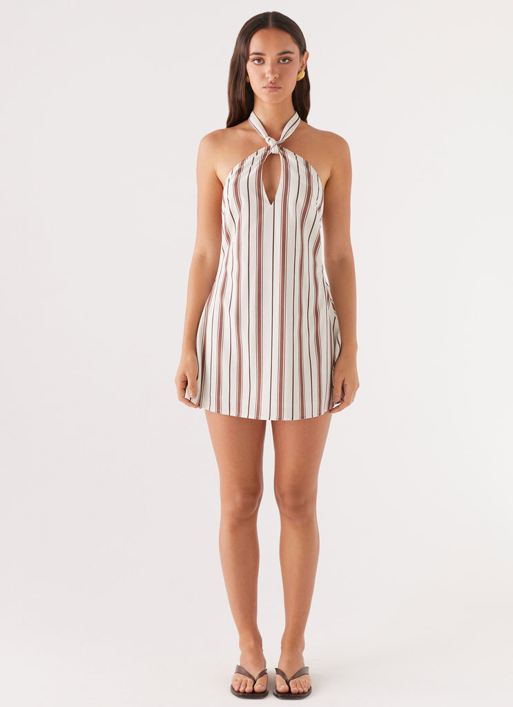 Womens Counting Stars Linen Halterneck Dress in the colour Brown Stripe in front of a light grey background