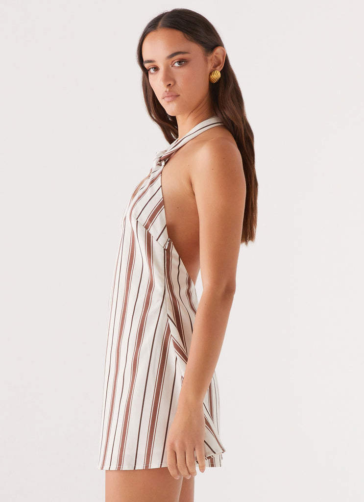 Womens Counting Stars Linen Halterneck Dress in the colour Brown Stripe in front of a light grey background