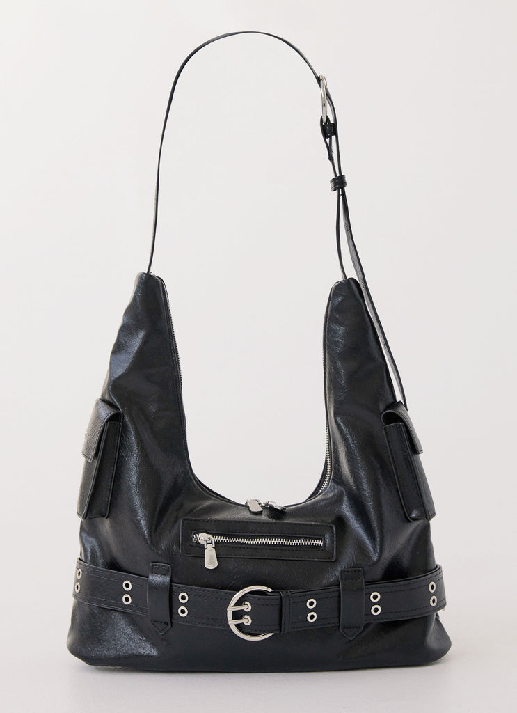 Womens Emerie Shoulder Bag in the colour Black in front of a light grey background