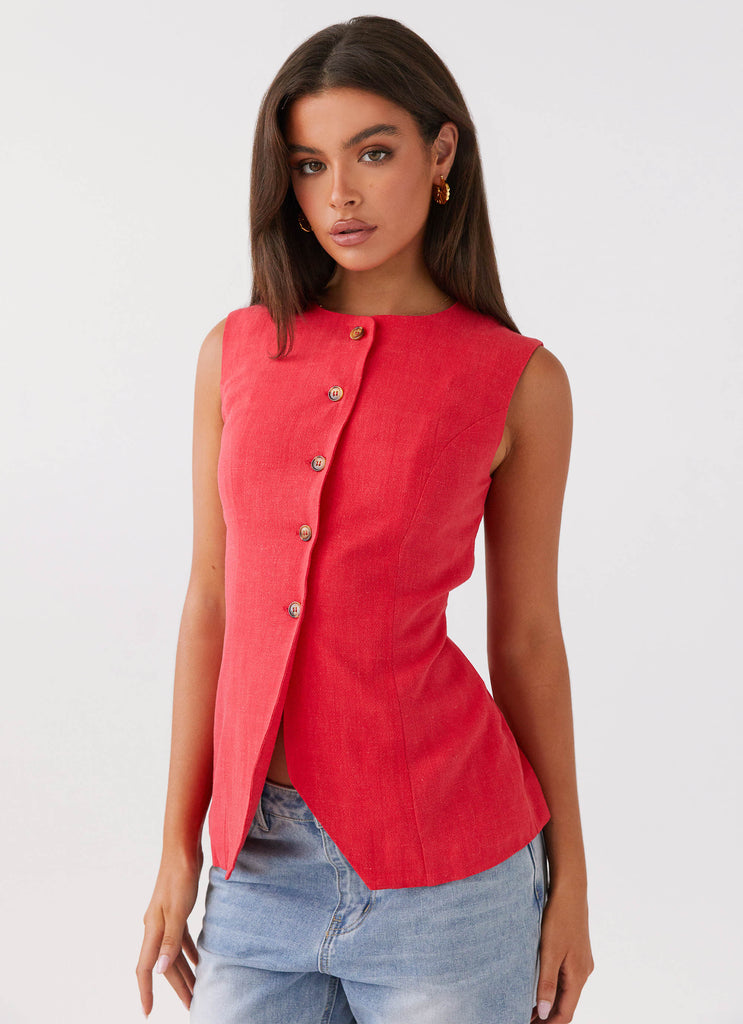 Womens Born For Bordeaux Linen Vest in the colour Poppy Red in front of a light grey background