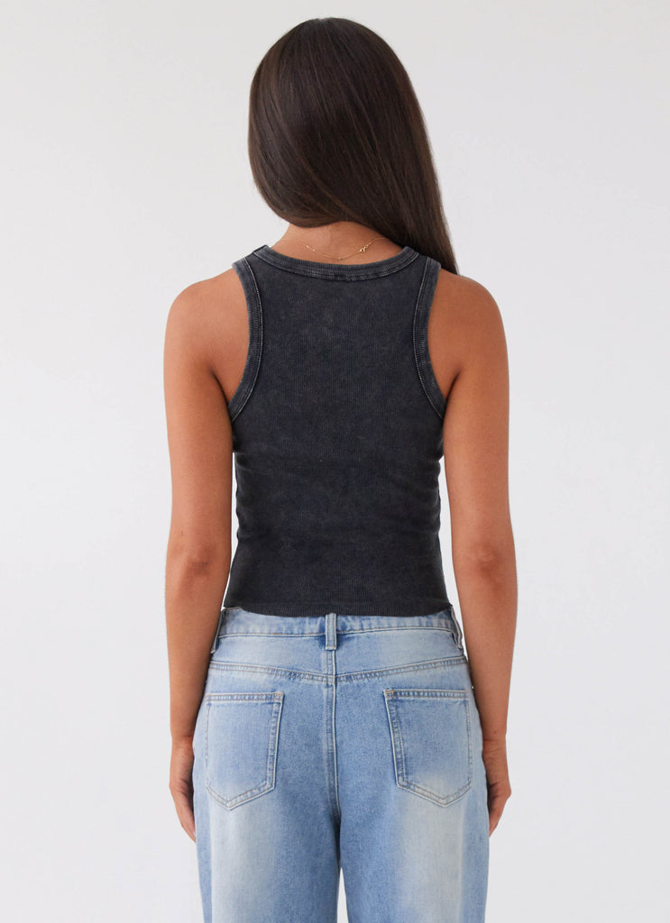 Womens Carmena Ribbed Tank Top in the colour Charcoal Acid Wash in front of a light grey background