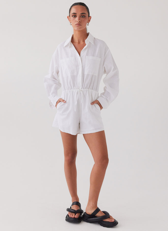 Unwind Linen Shirt Playsuit - White