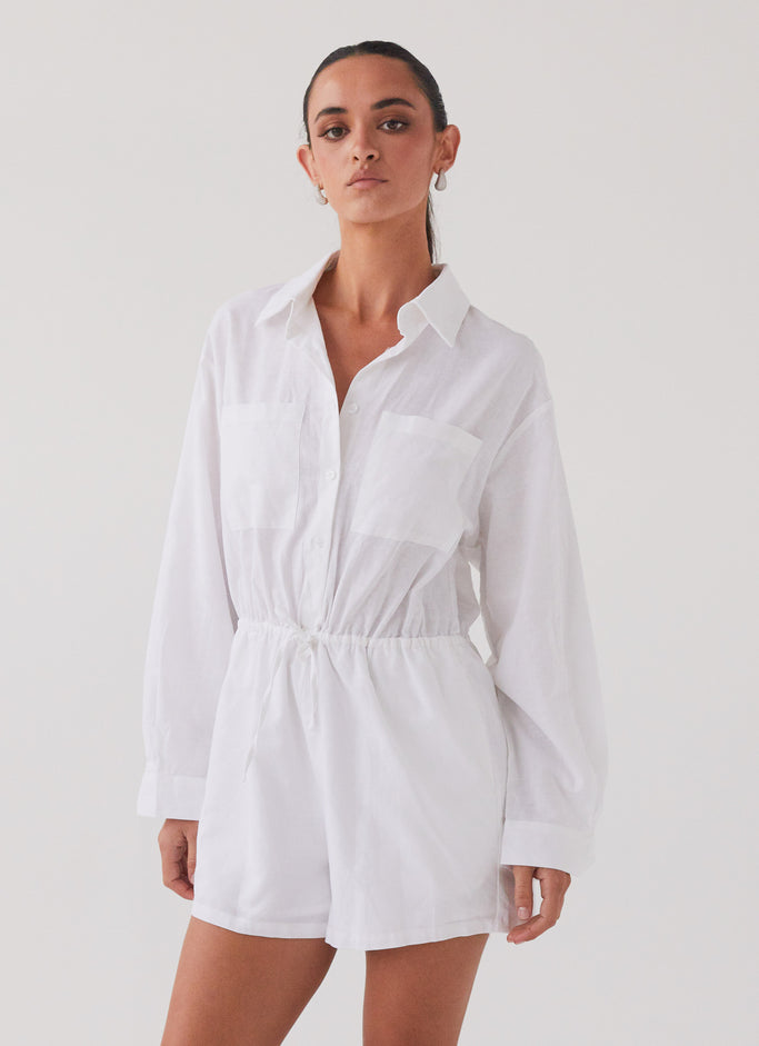 Unwind Linen Shirt Playsuit - White