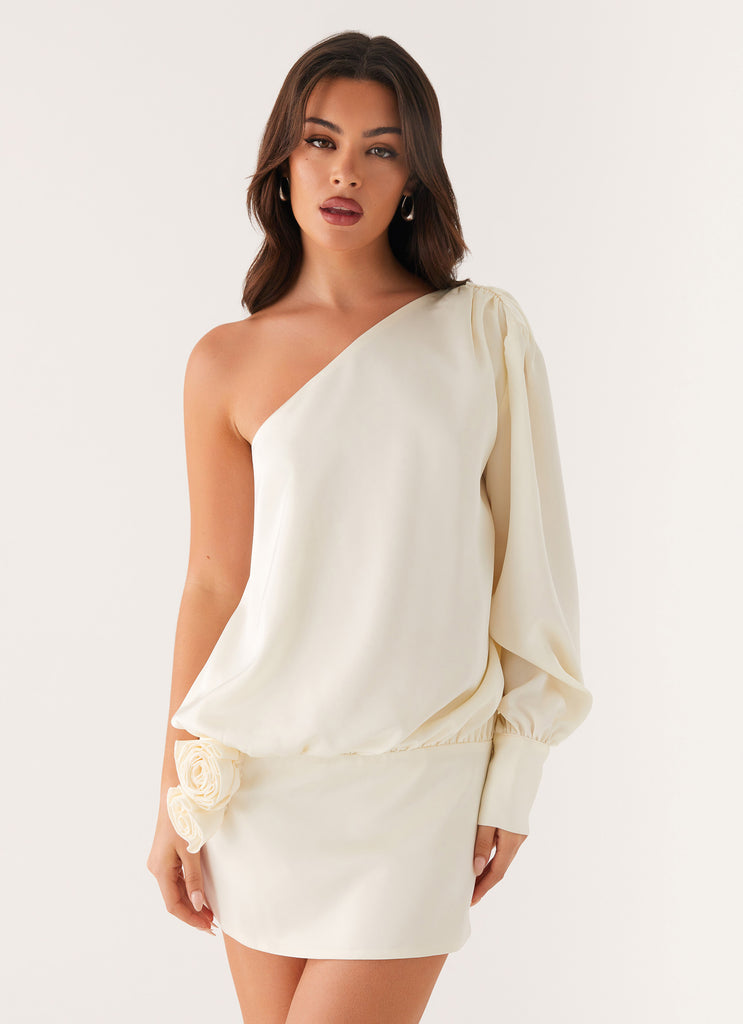 white mini dress one shoulder Pippie One Shoulder Mini Dress