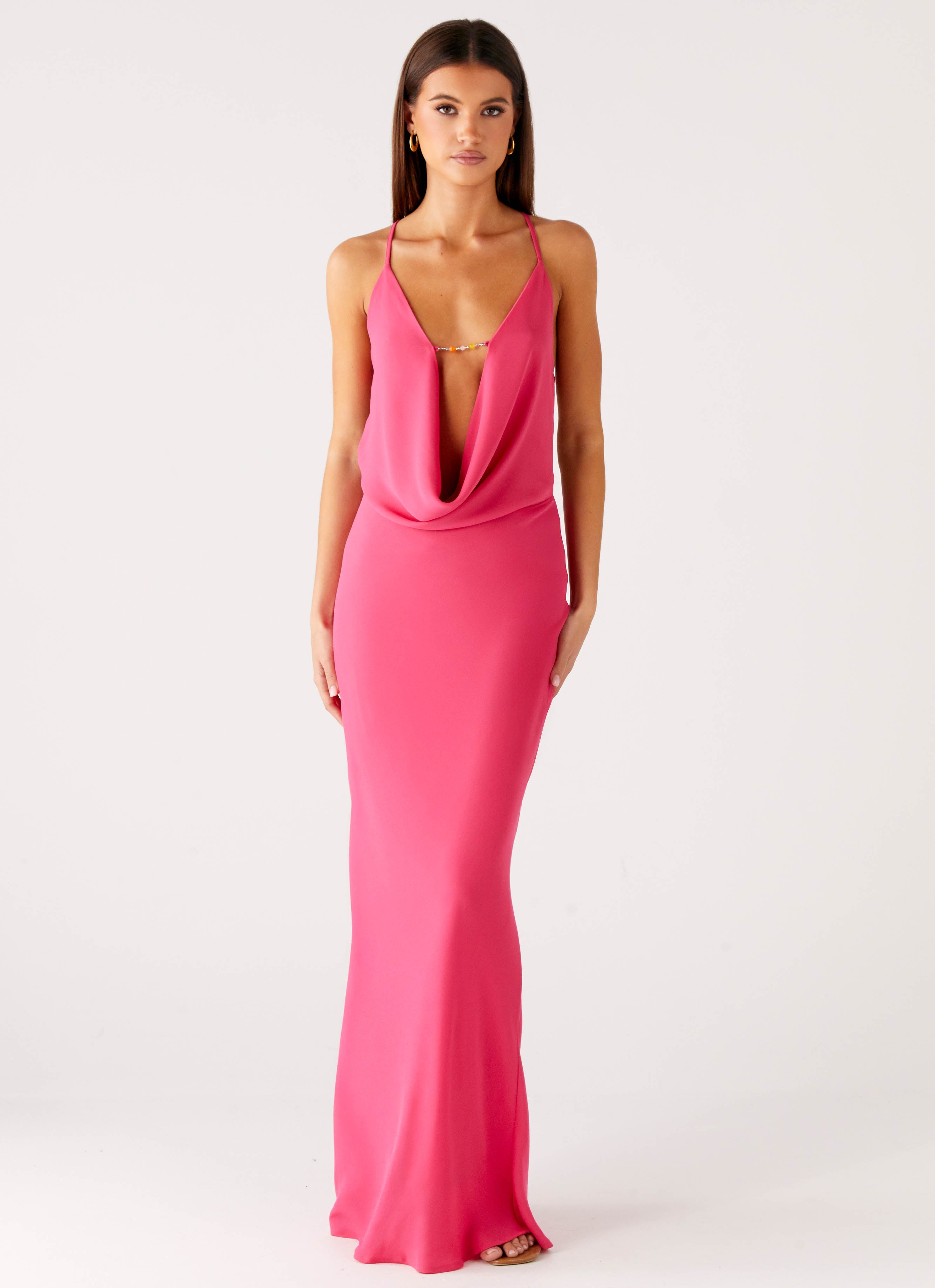70's maxi dress pink cowl neck long sleeve Pure Heart Cowl Maxi Dress
