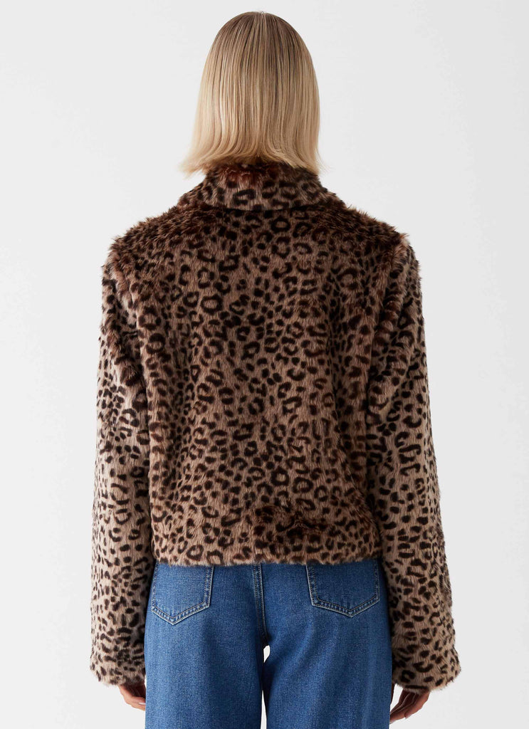 Womens Raleigh Fur Jacket in the colour Leopard in front of a light grey background