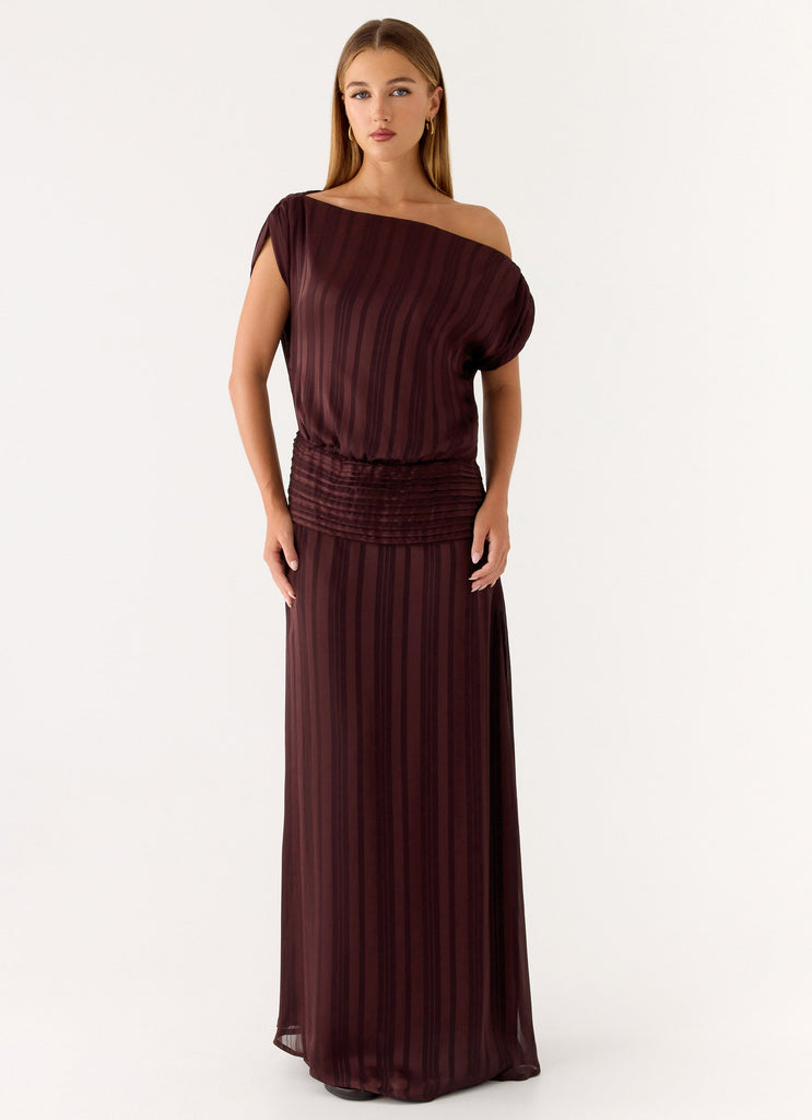rios one shoulder maxi dress brown Princess Polly Rios metal detail one shoulder thigh split maxi dress in mocha brown