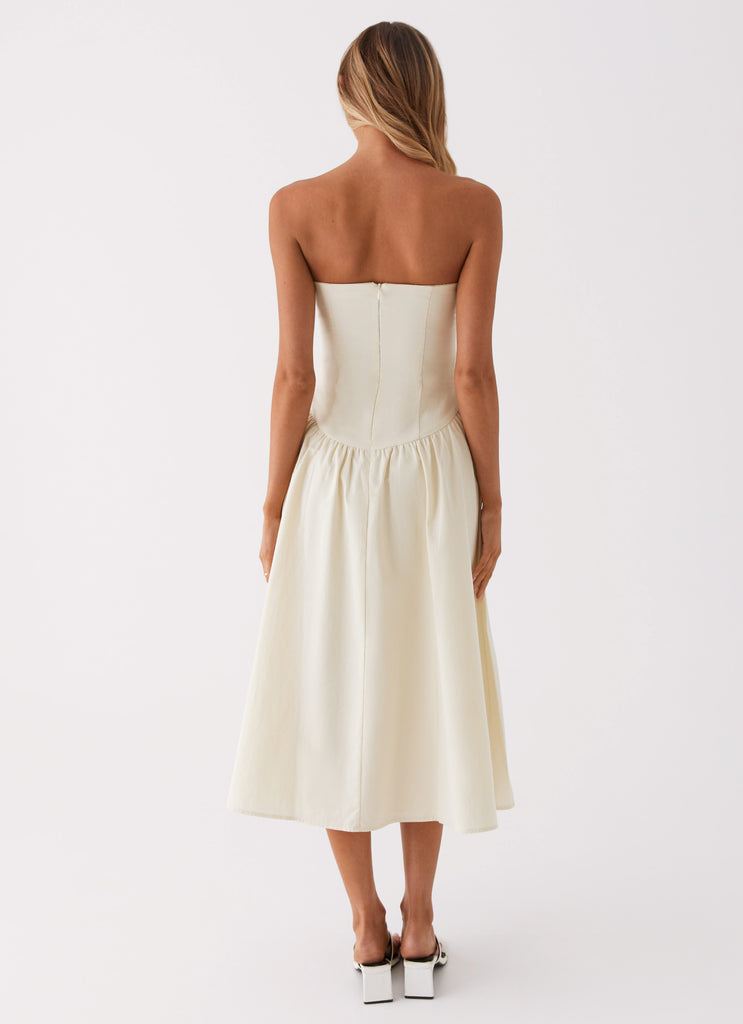 Womens Rosebud Bustier Midi Dress in the colour Ivory in front of a light grey background