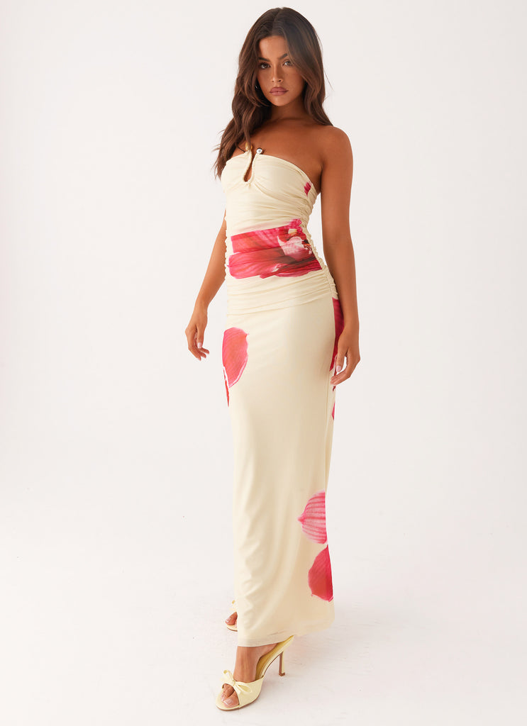 orchid orange maxi dress Amaya Strapless Chiffon Maxi Dress / Koi Orchid Print | MESHKI