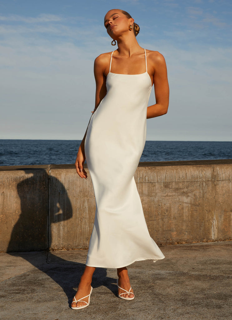 Womens Runway Royalty Maxi Dress in the colour White in front of a light grey background