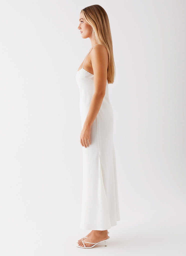 Womens Runway Royalty Maxi Dress in the colour White in front of a light grey background