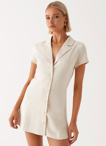 Womens Russo Linen Mini Dress in the colour Oatmeal in front of a light grey background