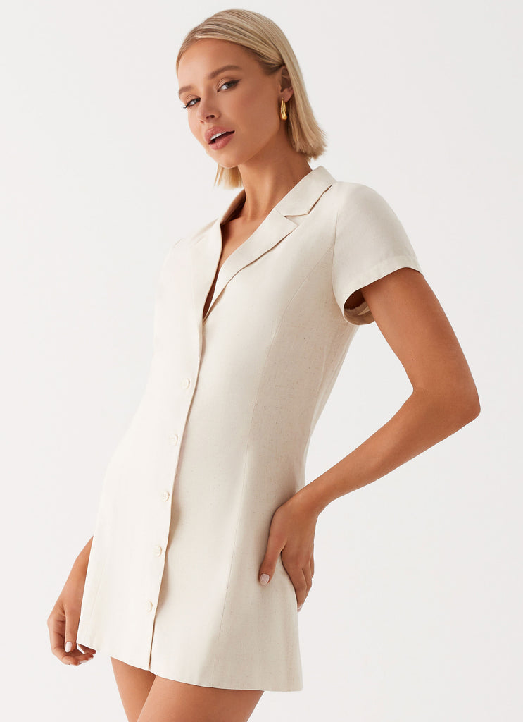 Womens Russo Linen Mini Dress in the colour Oatmeal in front of a light grey background