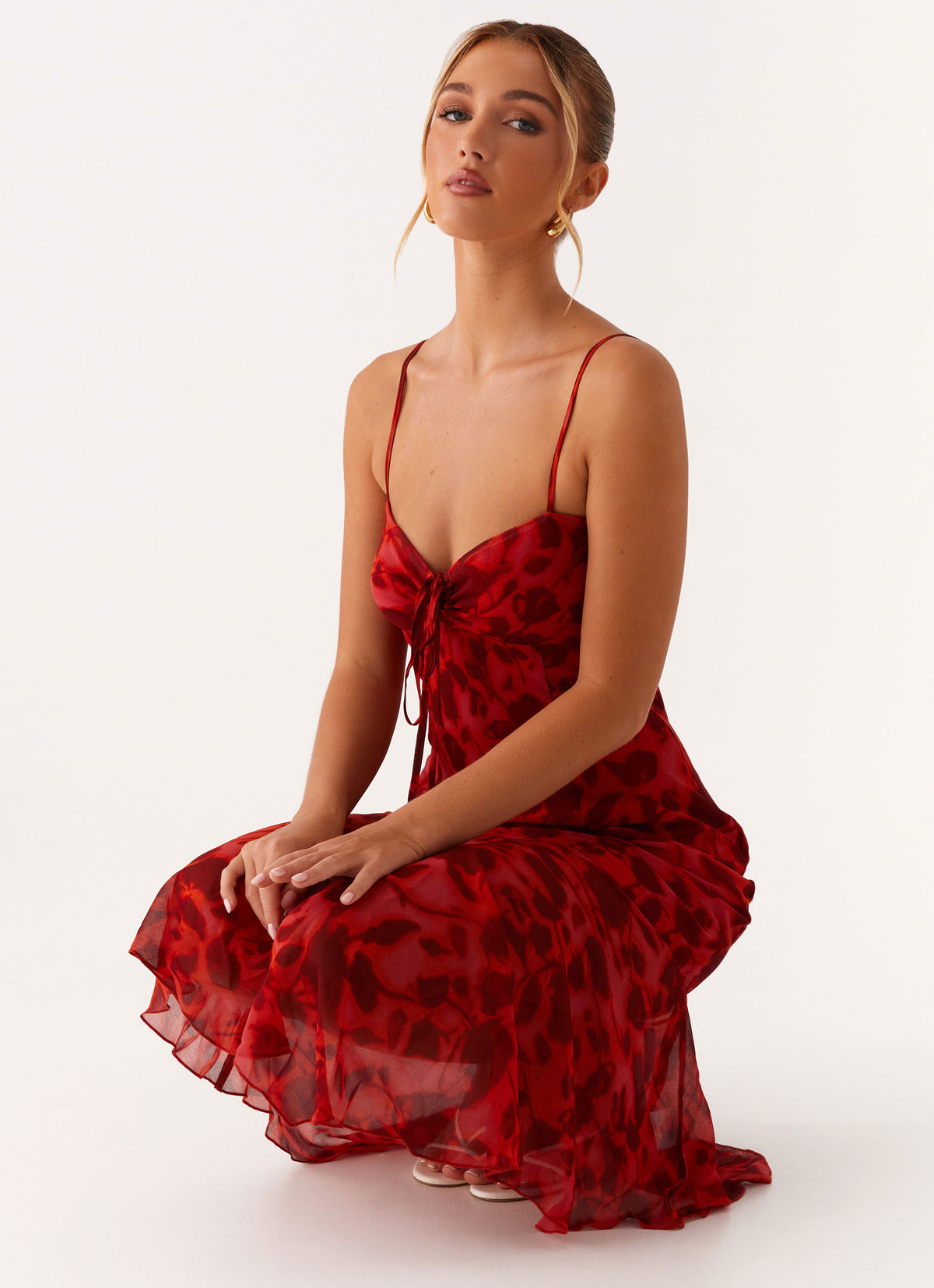 red floral midi dress Avital Strapless Flower In Mew Mews Features light and drapey fabric with a slip on the side adds a slightly sexy touch Jessie Midi Dress Red -