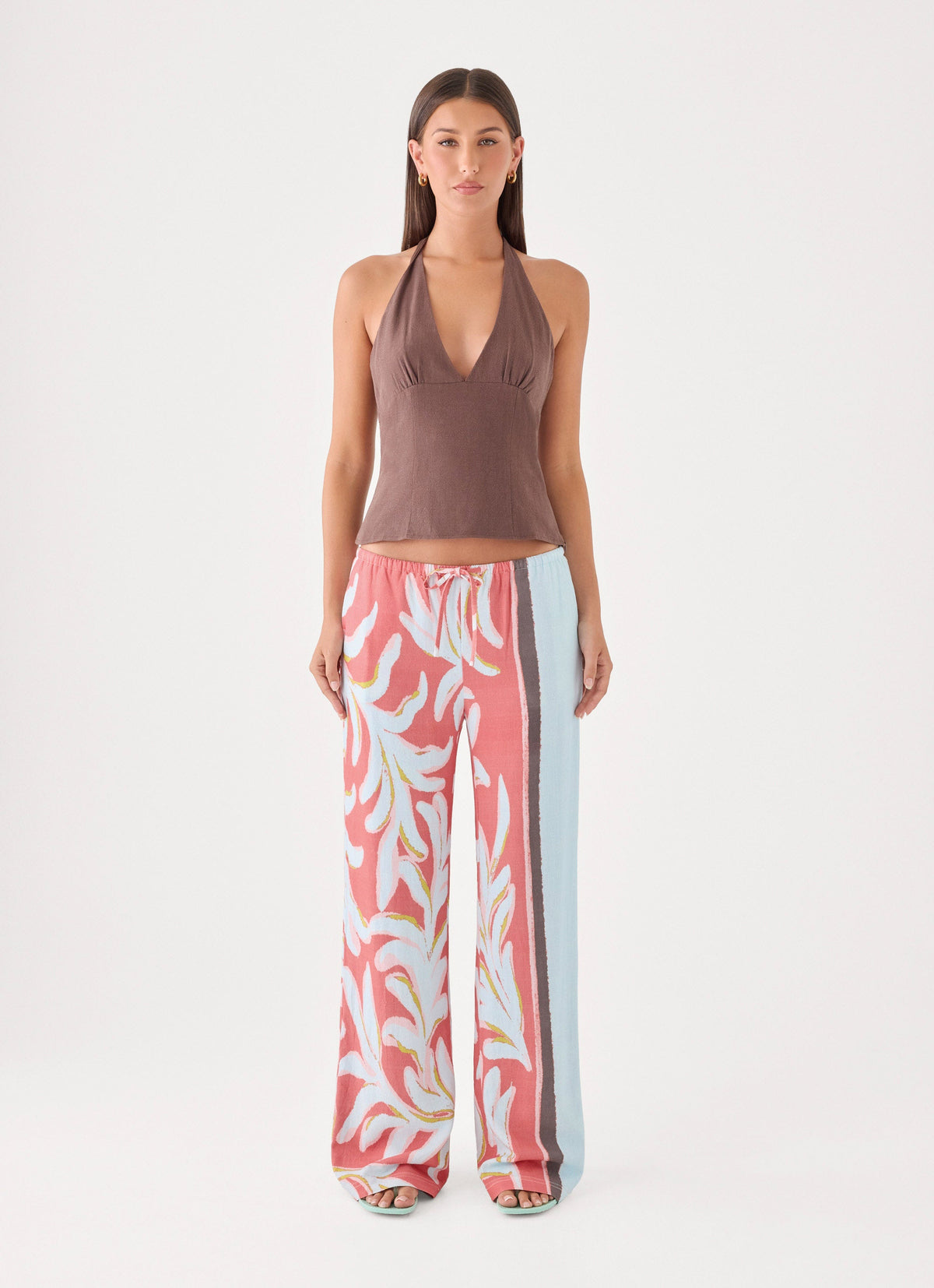 Santina Linen Pant - Coral Palm Print
