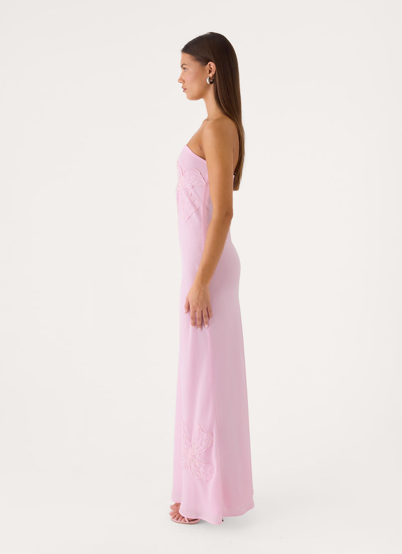 Sassafras Beaded Flower Strapless Maxi Dress - Soft Pink